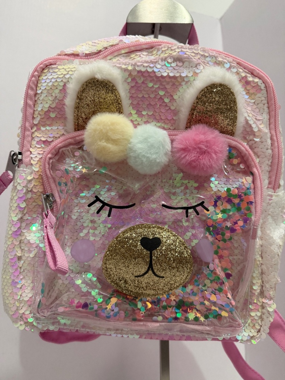 Cat & Jack Pink Sequin Bear Kids Backpack with Pom Poms